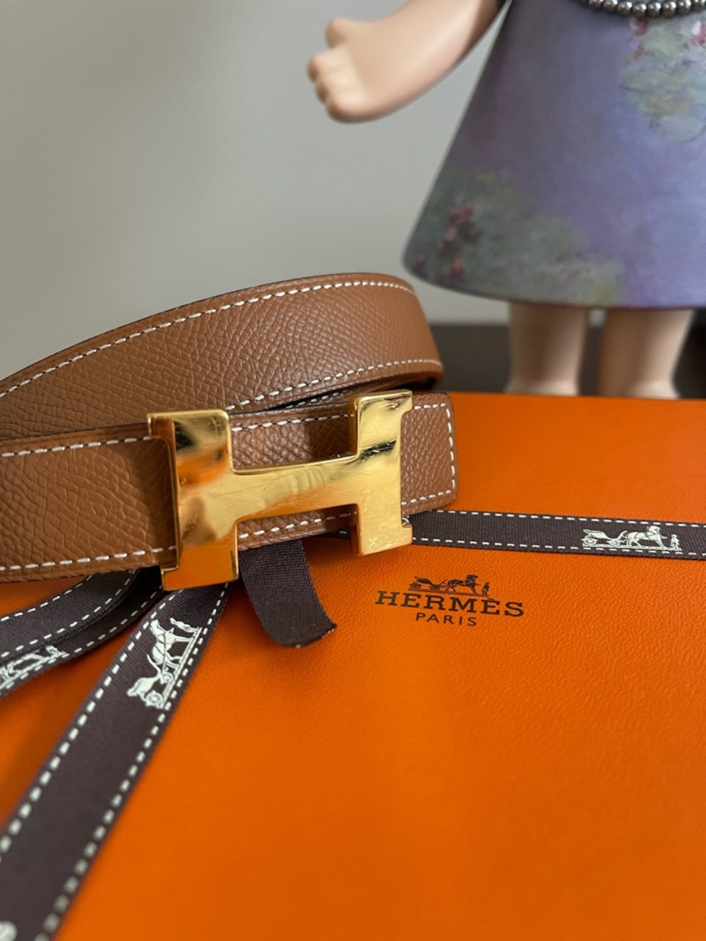 Hermes reversible 24mm Brown and black Leather Belt with Gold H Buckle size 75